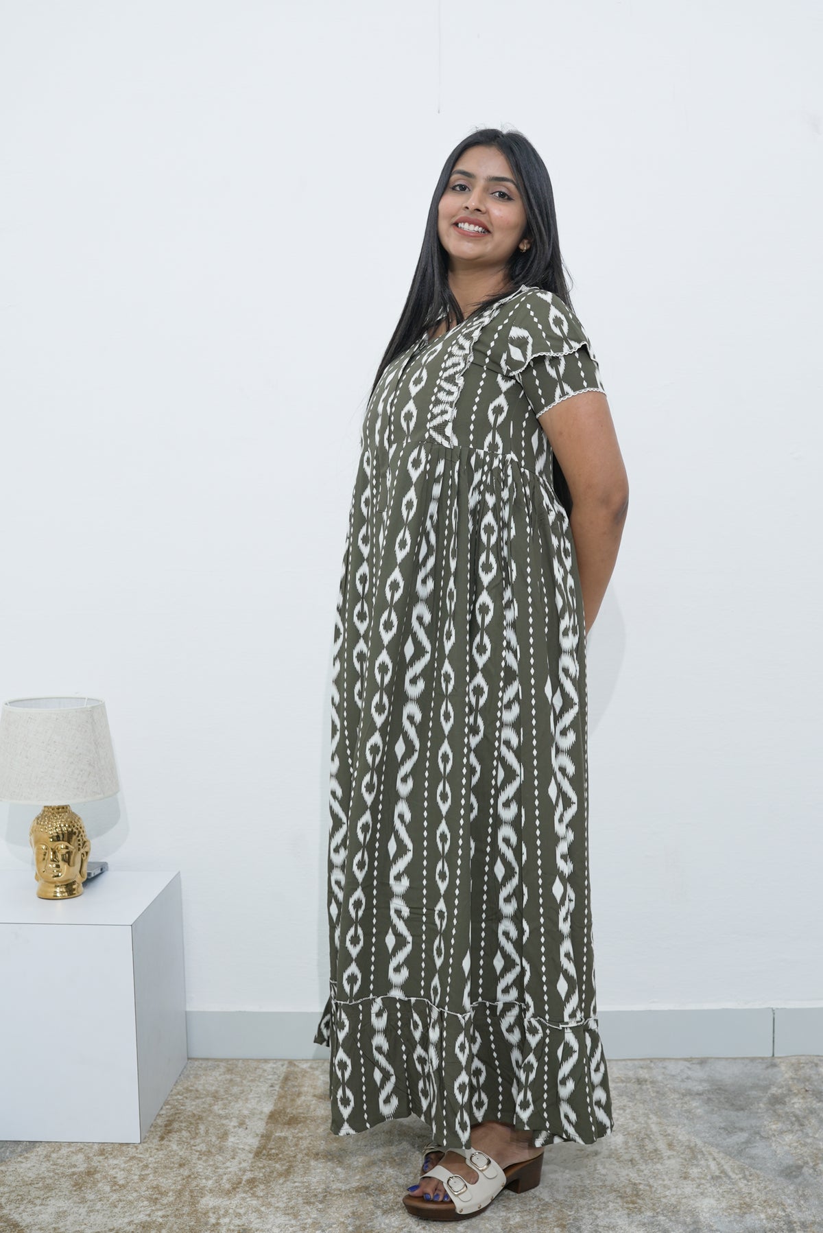 MANGAI Rayon Frock Nighties | Front Open Lengthy Zipper Comforts Feeding | Fancy Double Layered Sleeve's | Post & Pre Pregnancy's and Casual Wear | Side Pocket |Versatile Rayon Frock Night Gown's for Stylish Women's (RPW)