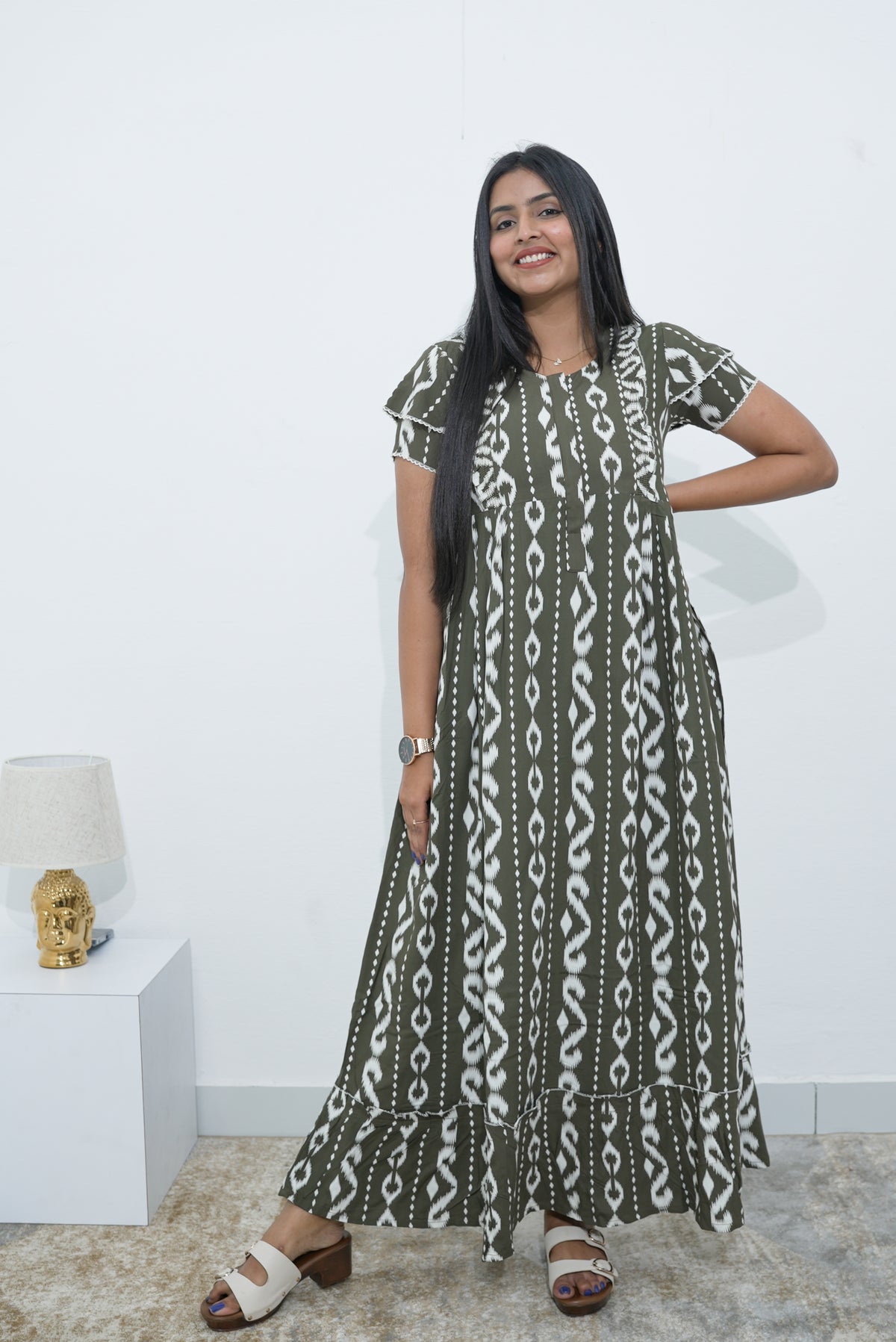 MANGAI Rayon Frock Nighties | Front Open Lengthy Zipper Comforts Feeding | Fancy Double Layered Sleeve's | Post & Pre Pregnancy's and Casual Wear | Side Pocket |Versatile Rayon Frock Night Gown's for Stylish Women's (RPW)