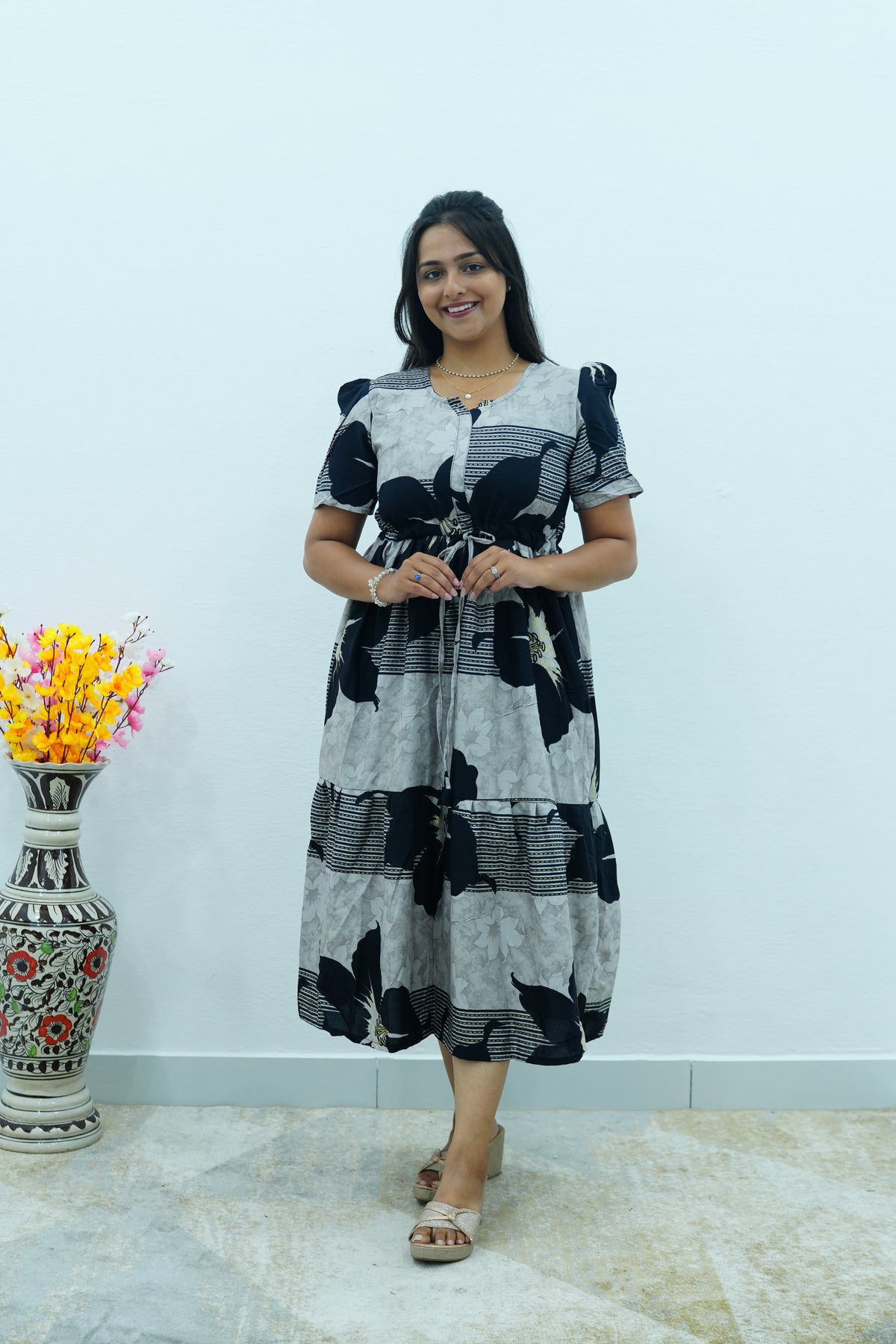 Mustard & Slate Grey Bold Botanical Rayon Foil Maxi Frock – Designer Puff Sleeve Tiered Dress with Adjustable Waist & Pockets