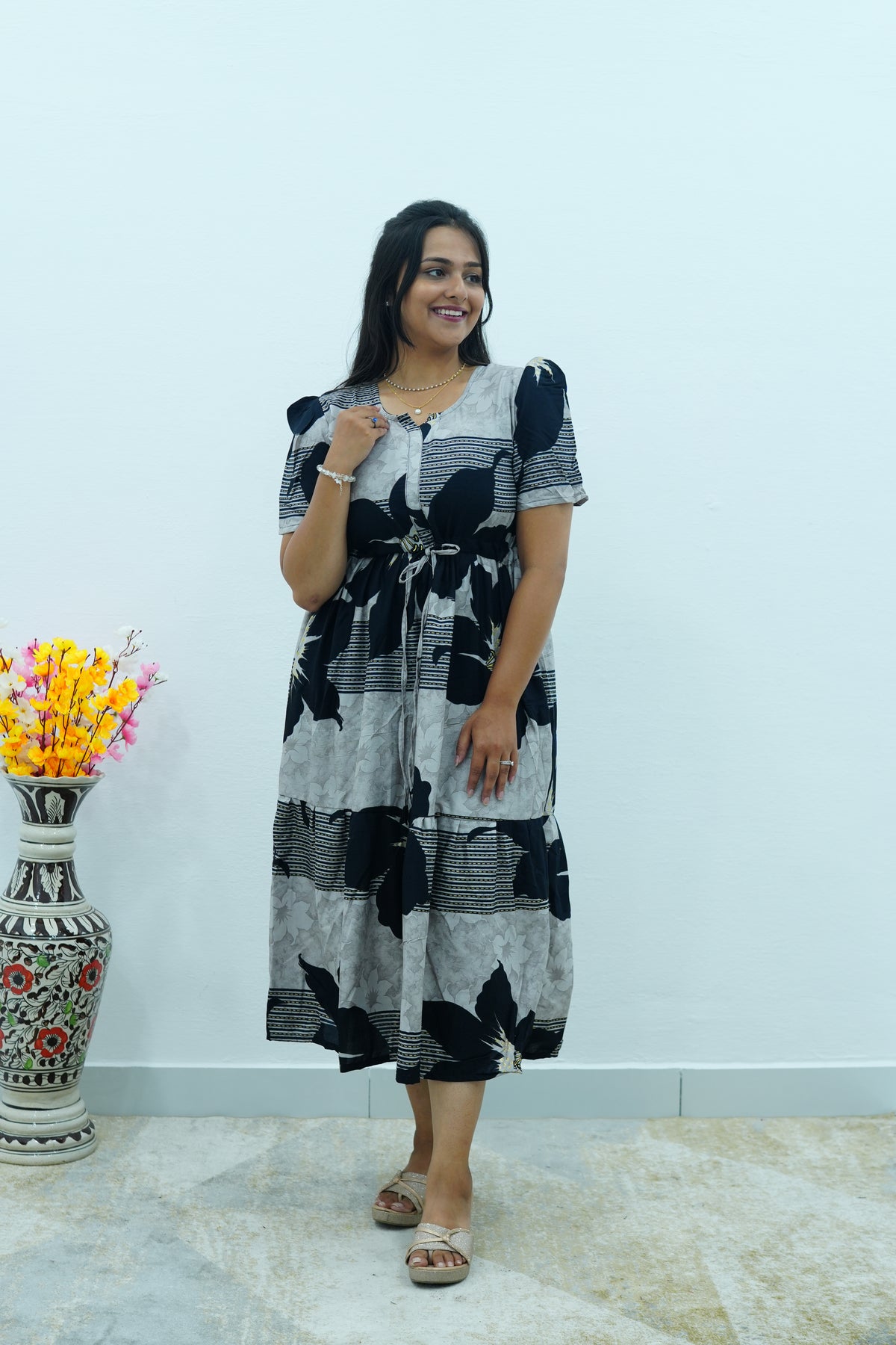 Mustard & Slate Grey Bold Botanical Rayon Foil Maxi Frock – Designer Puff Sleeve Tiered Dress with Adjustable Waist & Pockets