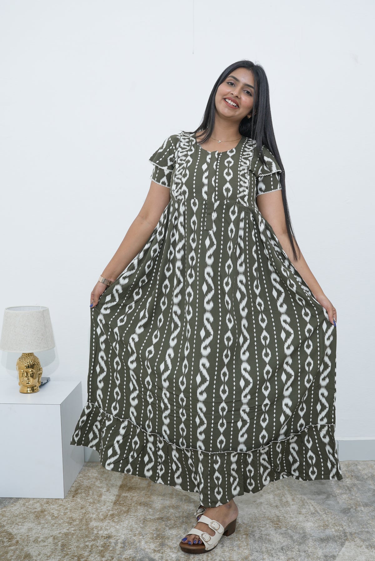 MANGAI Rayon Frock Nighties | Front Open Lengthy Zipper Comforts Feeding | Fancy Double Layered Sleeve's | Post & Pre Pregnancy's and Casual Wear | Side Pocket |Versatile Rayon Frock Night Gown's for Stylish Women's (RPW)