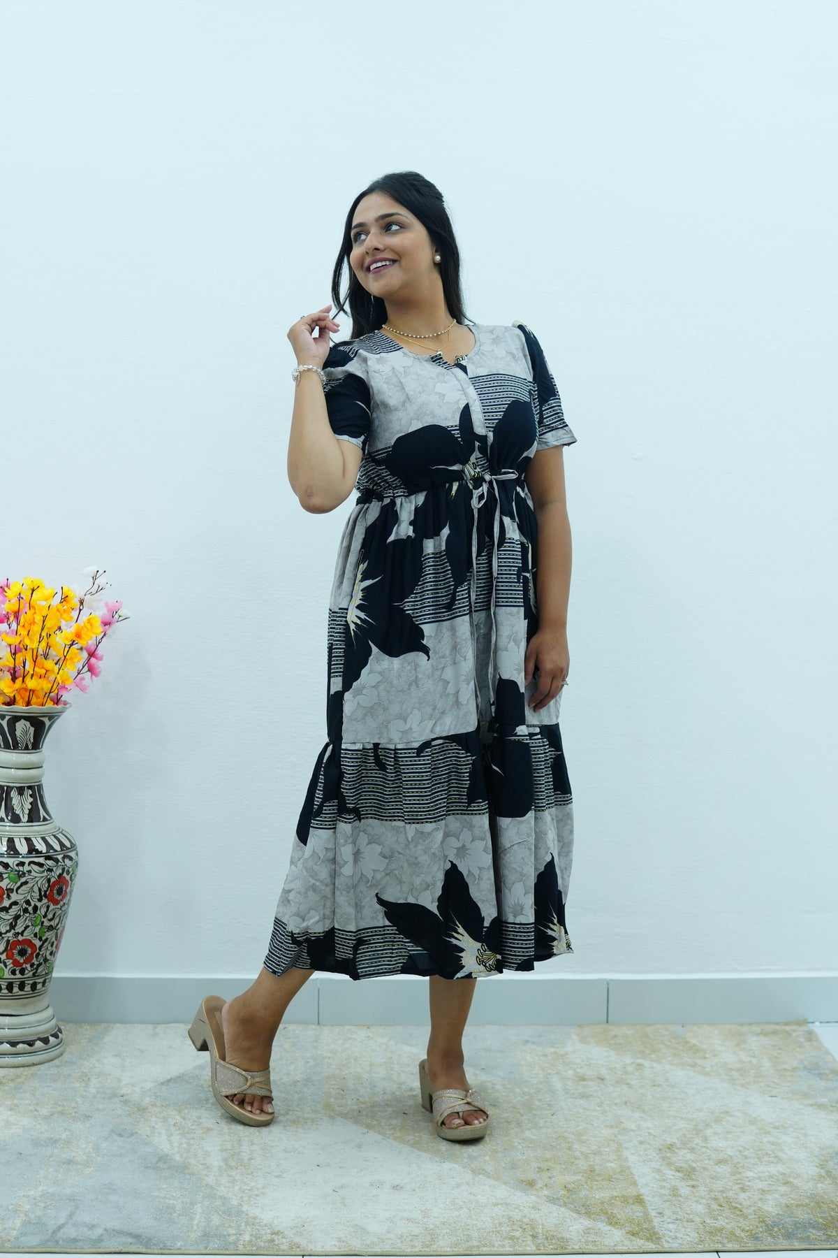 Mustard & Slate Grey Bold Botanical Rayon Foil Maxi Frock – Designer Puff Sleeve Tiered Dress with Adjustable Waist & Pockets