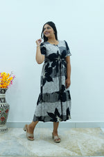 Mustard & Slate Grey Bold Botanical Rayon Foil Maxi Frock – Designer Puff Sleeve Tiered Dress with Adjustable Waist & Pockets