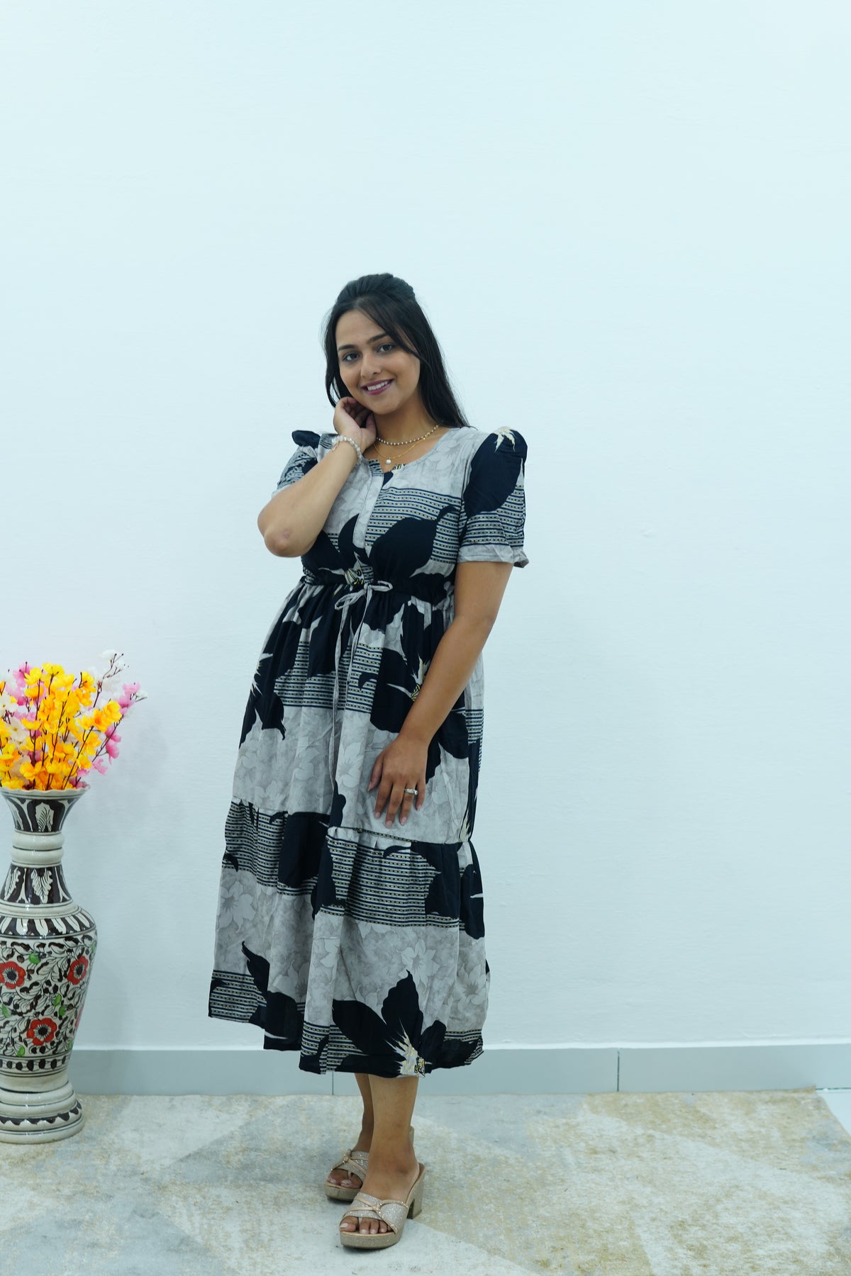 Mustard & Slate Grey Bold Botanical Rayon Foil Maxi Frock – Designer Puff Sleeve Tiered Dress with Adjustable Waist & Pockets