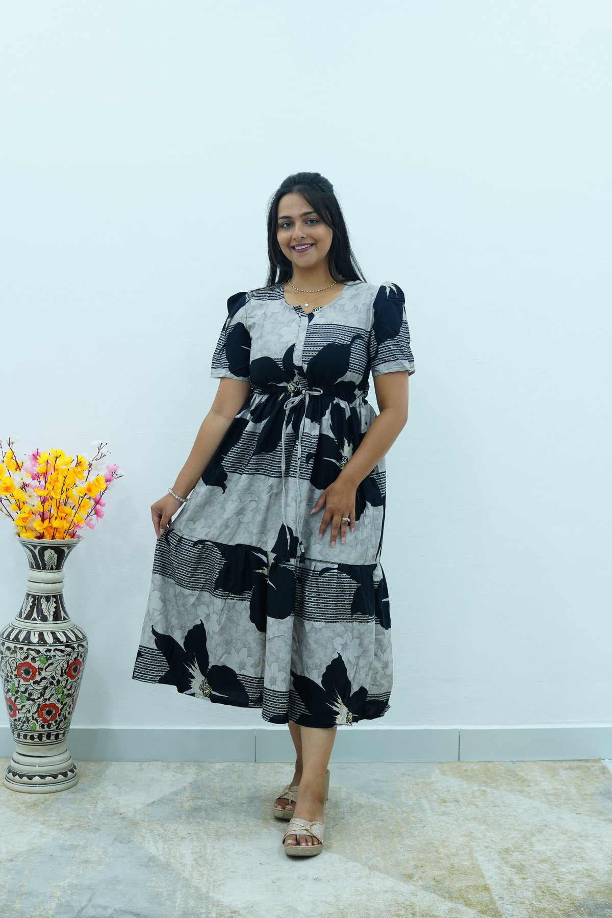 Mustard & Slate Grey Bold Botanical Rayon Foil Maxi Frock – Designer Puff Sleeve Tiered Dress with Adjustable Waist & Pockets