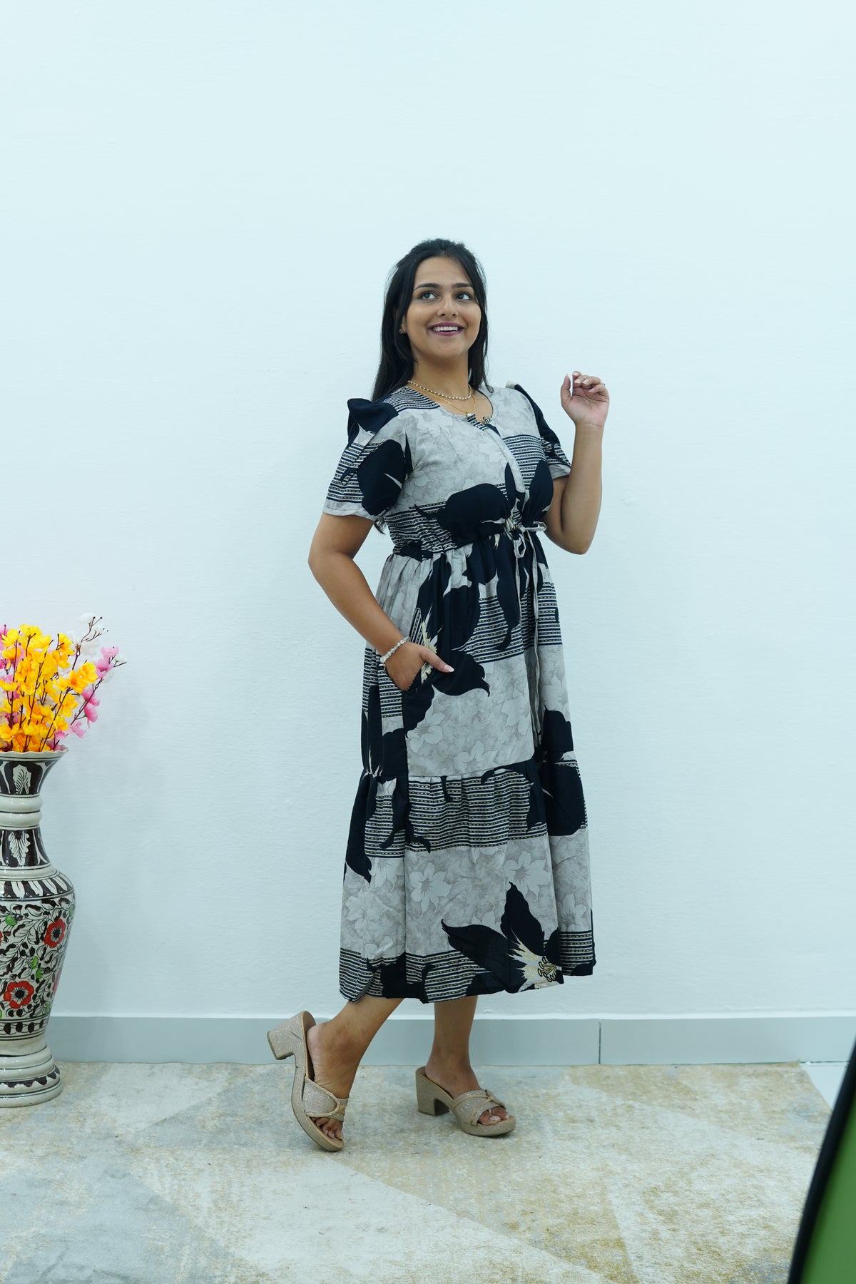 Mustard & Slate Grey Bold Botanical Rayon Foil Maxi Frock – Designer Puff Sleeve Tiered Dress with Adjustable Waist & Pockets