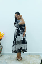 Mustard & Slate Grey Bold Botanical Rayon Foil Maxi Frock – Designer Puff Sleeve Tiered Dress with Adjustable Waist & Pockets