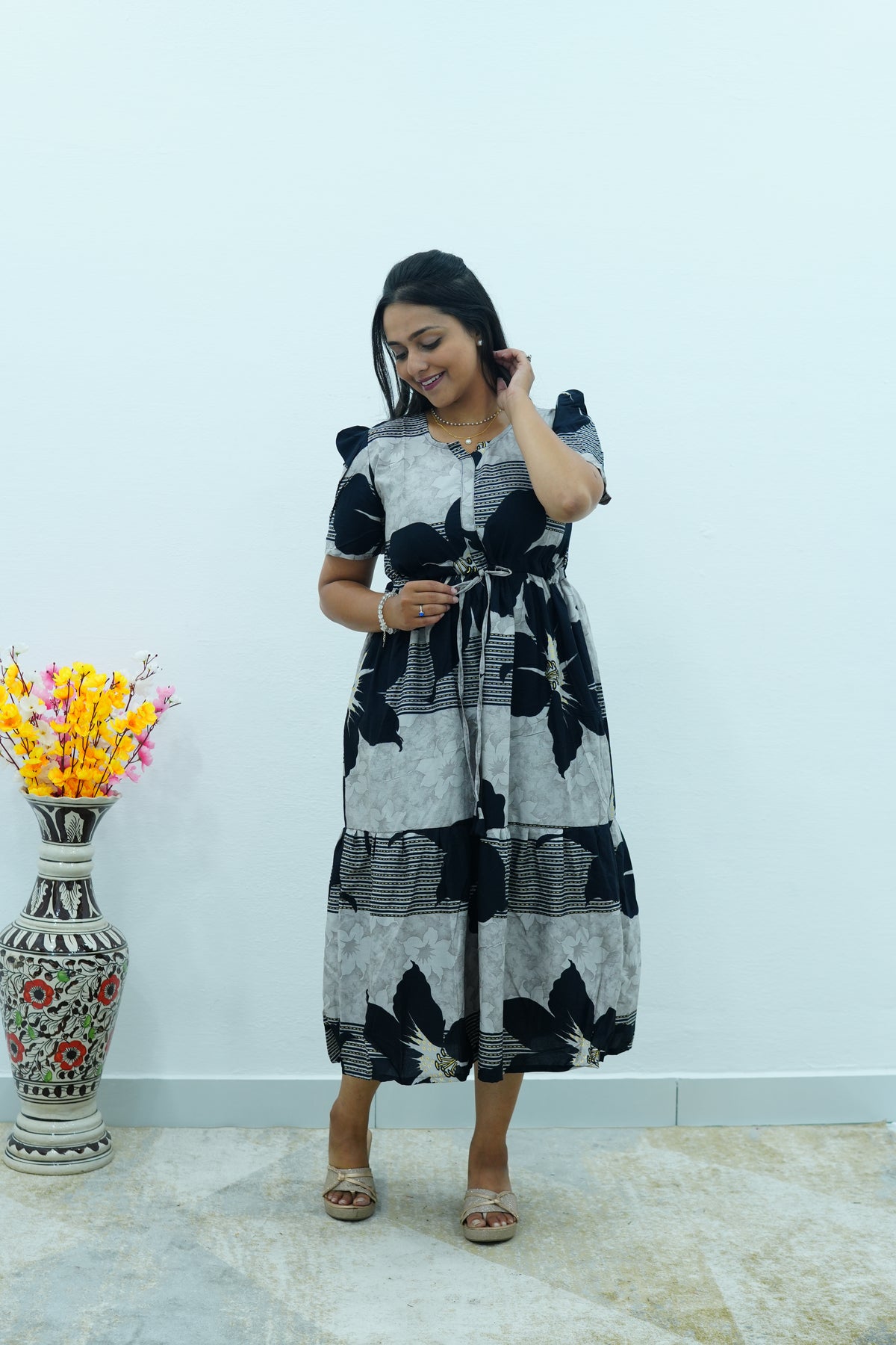 Mustard & Slate Grey Bold Botanical Rayon Foil Maxi Frock – Designer Puff Sleeve Tiered Dress with Adjustable Waist & Pockets