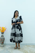 Mustard & Slate Grey Bold Botanical Rayon Foil Maxi Frock – Designer Puff Sleeve Tiered Dress with Adjustable Waist & Pockets