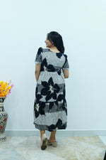 Mustard & Slate Grey Bold Botanical Rayon Foil Maxi Frock – Designer Puff Sleeve Tiered Dress with Adjustable Waist & Pockets