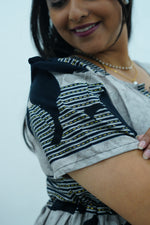 Mustard & Slate Grey Bold Botanical Rayon Foil Maxi Frock – Designer Puff Sleeve Tiered Dress with Adjustable Waist & Pockets