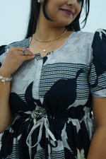 Mustard & Slate Grey Bold Botanical Rayon Foil Maxi Frock – Designer Puff Sleeve Tiered Dress with Adjustable Waist & Pockets