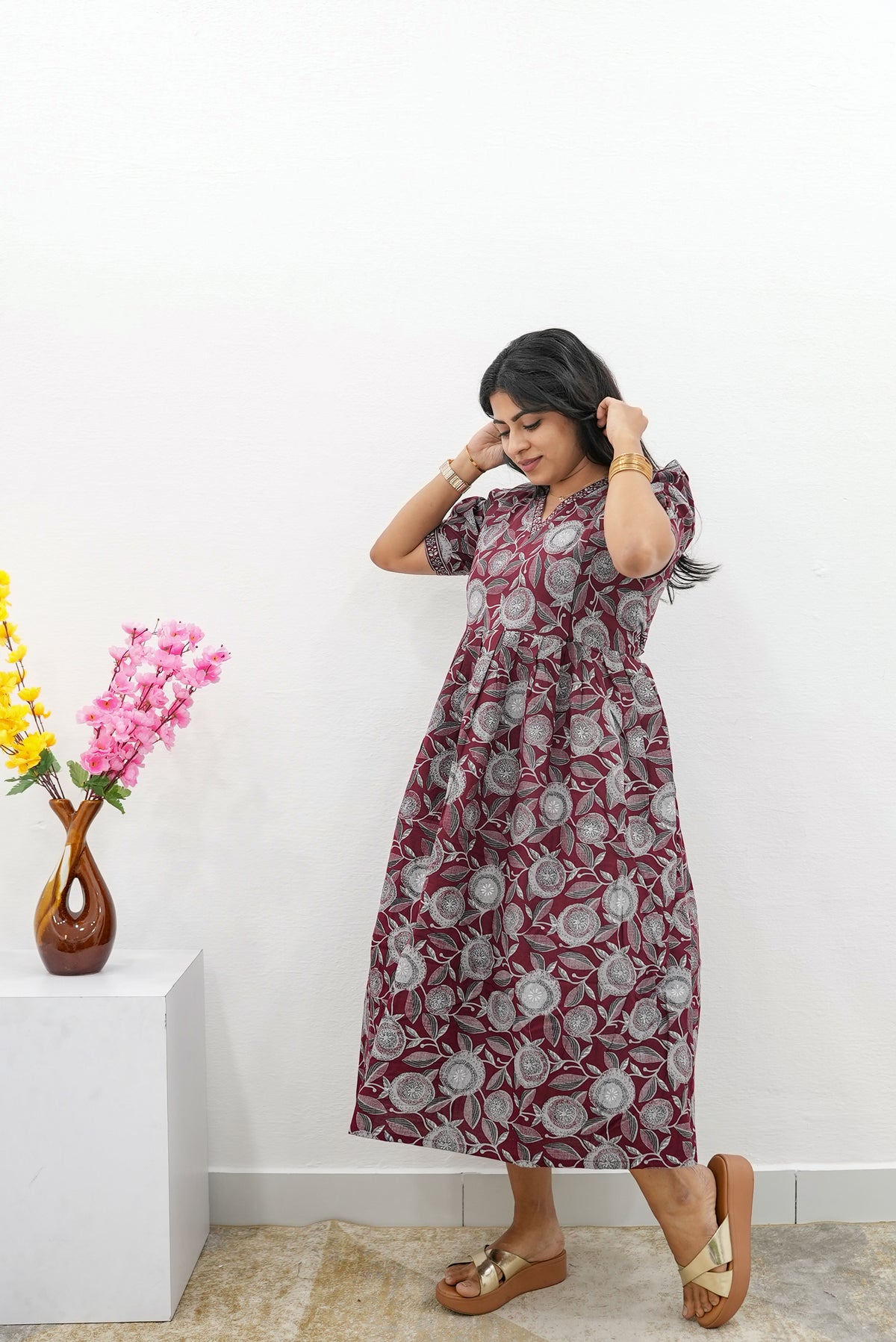 New Mangai Cotton Feeding MAXI Soft & Smooth Cotton | Invisible Vertical Feeding Zipper | Side Pockets | Back Adjustable Tie Rope |Casual & Maternity Wear (JFM)