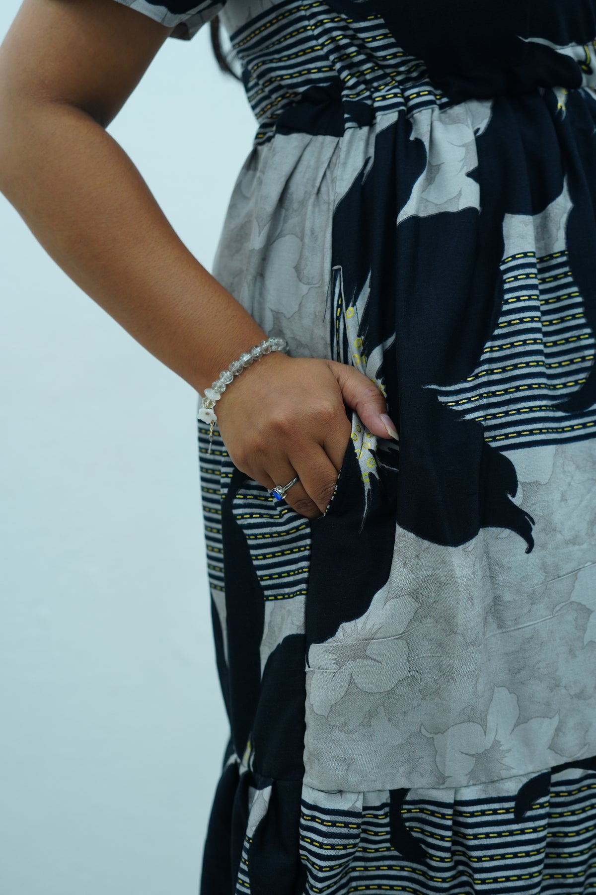 Mustard & Slate Grey Bold Botanical Rayon Foil Maxi Frock – Designer Puff Sleeve Tiered Dress with Adjustable Waist & Pockets