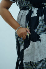 Mustard & Slate Grey Bold Botanical Rayon Foil Maxi Frock – Designer Puff Sleeve Tiered Dress with Adjustable Waist & Pockets