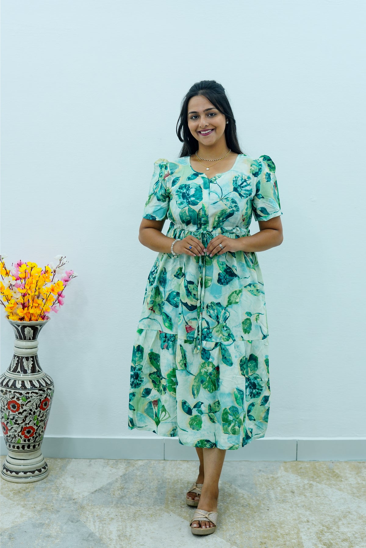 Floral Bliss Sage Green Rayon Foil Print Maxi Dress – Puff Sleeve A-Line Frock with Adjustable Waist Tie & Pockets - Breathable Fabric MAXI Frock