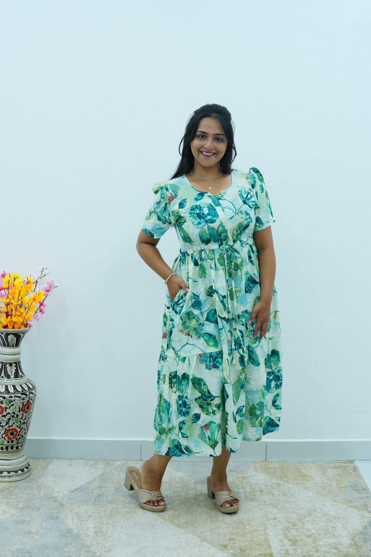 Floral Bliss Sage Green Rayon Foil Print Maxi Dress – Puff Sleeve A-Line Frock with Adjustable Waist Tie & Pockets - Breathable Fabric MAXI Frock