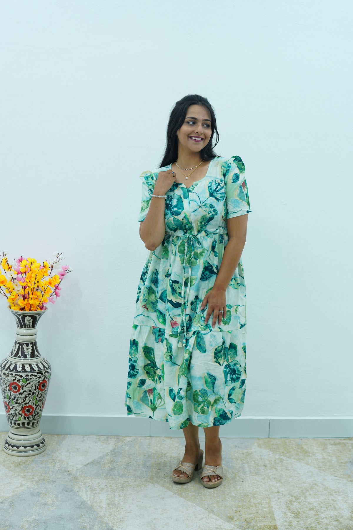 Floral Bliss Sage Green Rayon Foil Print Maxi Dress – Puff Sleeve A-Line Frock with Adjustable Waist Tie & Pockets - Breathable Fabric MAXI Frock