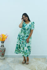 Floral Bliss Sage Green Rayon Foil Print Maxi Dress – Puff Sleeve A-Line Frock with Adjustable Waist Tie & Pockets - Breathable Fabric MAXI Frock
