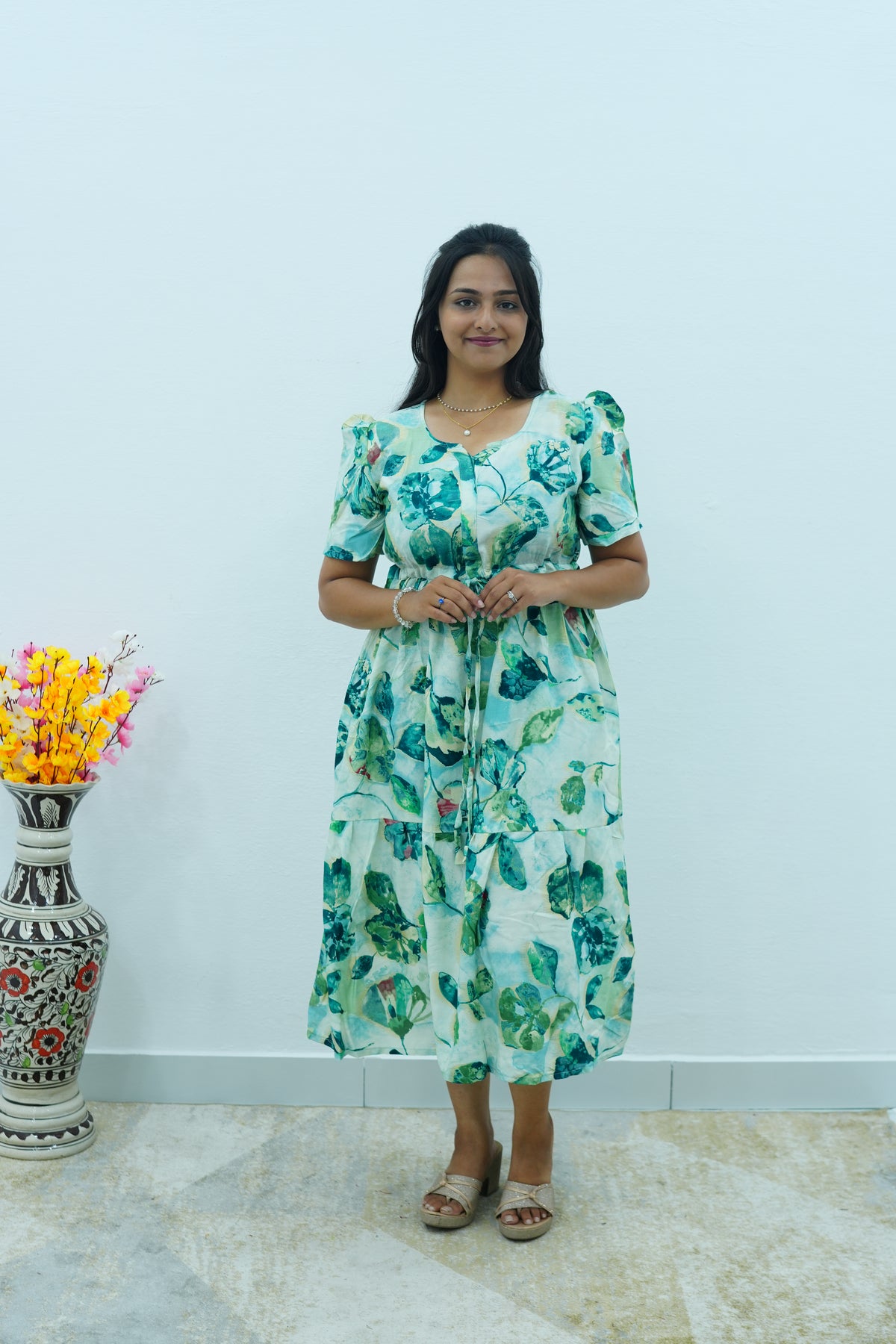 Floral Bliss Sage Green Rayon Foil Print Maxi Dress – Puff Sleeve A-Line Frock with Adjustable Waist Tie & Pockets - Breathable Fabric MAXI Frock