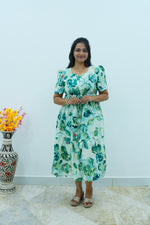 Floral Bliss Sage Green Rayon Foil Print Maxi Dress – Puff Sleeve A-Line Frock with Adjustable Waist Tie & Pockets - Breathable Fabric MAXI Frock