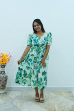 Floral Bliss Sage Green Rayon Foil Print Maxi Dress – Puff Sleeve A-Line Frock with Adjustable Waist Tie & Pockets - Breathable Fabric MAXI Frock