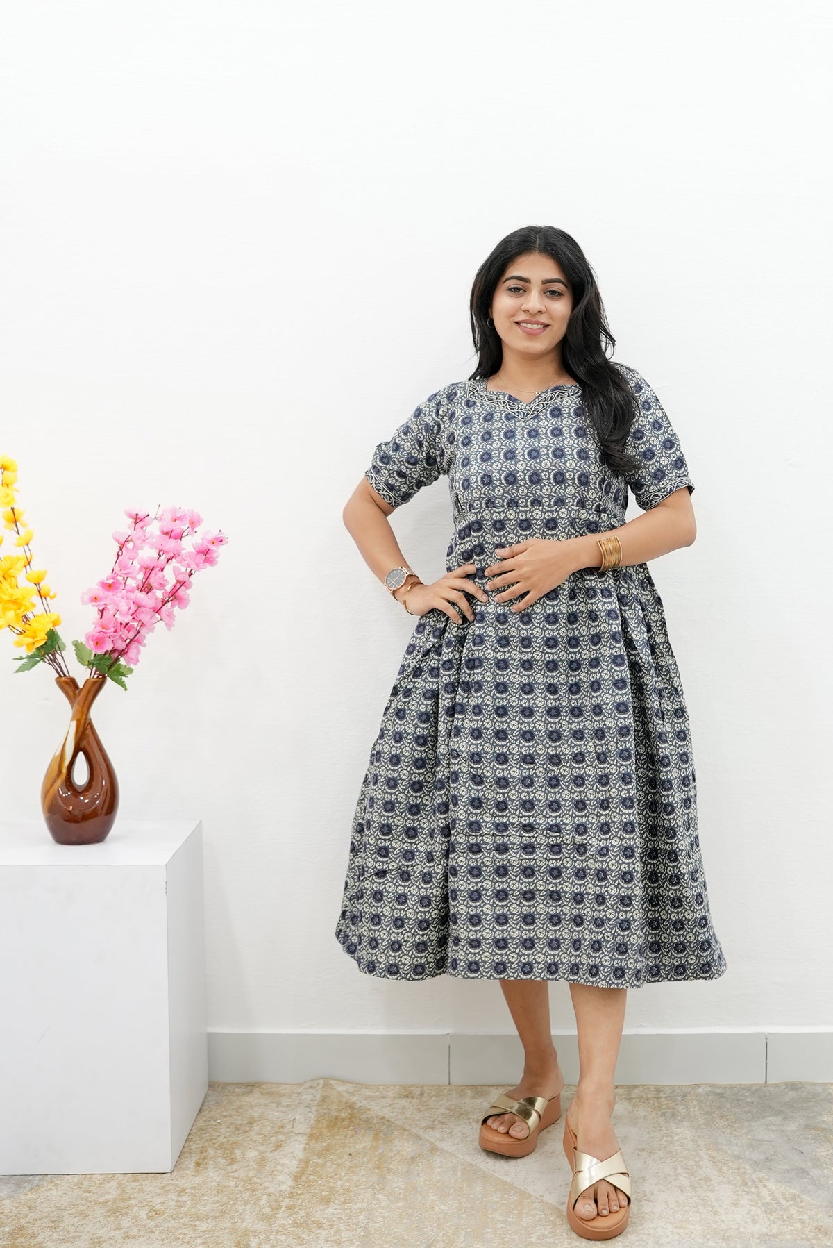 New Mangai Cotton Feeding MAXI Soft & Smooth Cotton | Invisible Vertical Feeding Zipper | Side Pockets | Back Adjustable Tie Rope |Casual & Maternity Wear (JFM)