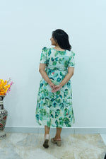 Floral Bliss Sage Green Rayon Foil Print Maxi Dress – Puff Sleeve A-Line Frock with Adjustable Waist Tie & Pockets - Breathable Fabric MAXI Frock