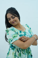 Floral Bliss Sage Green Rayon Foil Print Maxi Dress – Puff Sleeve A-Line Frock with Adjustable Waist Tie & Pockets - Breathable Fabric MAXI Frock