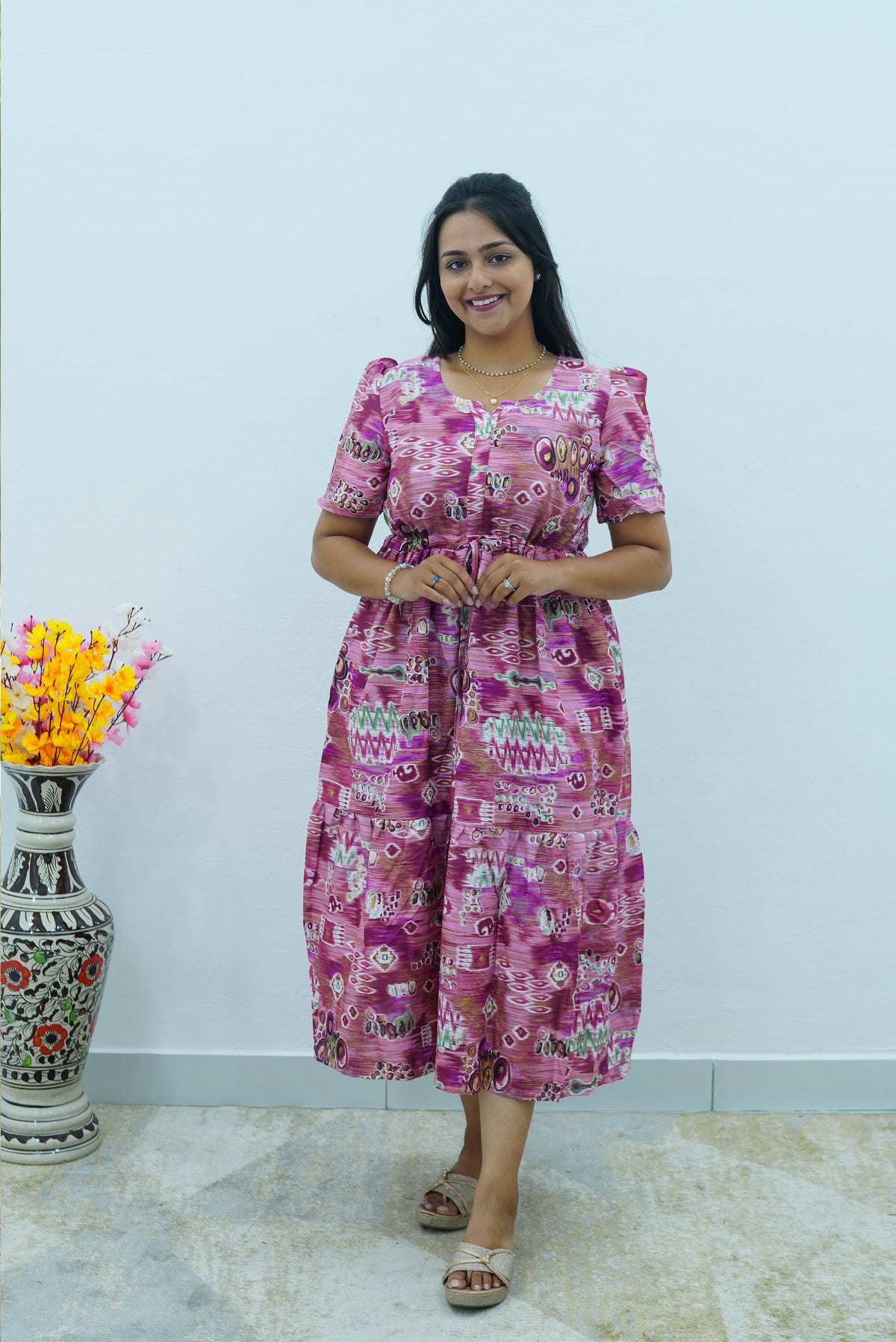 Magenta Geometric Printed Rayon Foil Maxi Dress – Adjustable Drawstring Waist Frock with Puff Sleeves & Side Pockets - Lightweight Breathable Rayon MAXI Frock