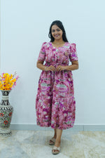 Magenta Geometric Printed Rayon Foil Maxi Dress – Adjustable Drawstring Waist Frock with Puff Sleeves & Side Pockets - Lightweight Breathable Rayon MAXI Frock