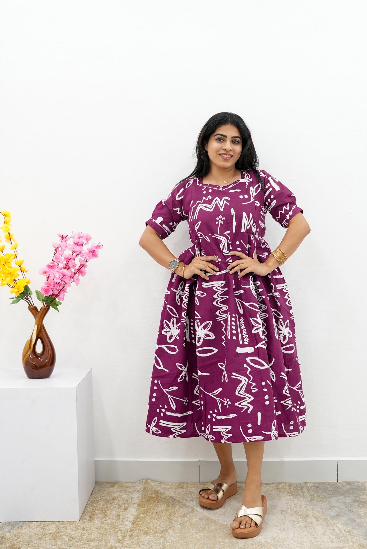 New Mangai Cotton Feeding MAXI Soft & Smooth Cotton | Invisible Vertical Feeding Zipper | Side Pockets | Back Adjustable Tie Rope |Casual & Maternity Wear (JFM)