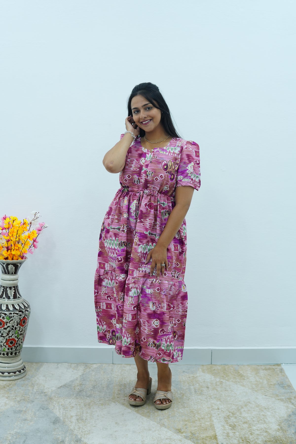Magenta Geometric Printed Rayon Foil Maxi Dress – Adjustable Drawstring Waist Frock with Puff Sleeves & Side Pockets - Lightweight Breathable Rayon MAXI Frock