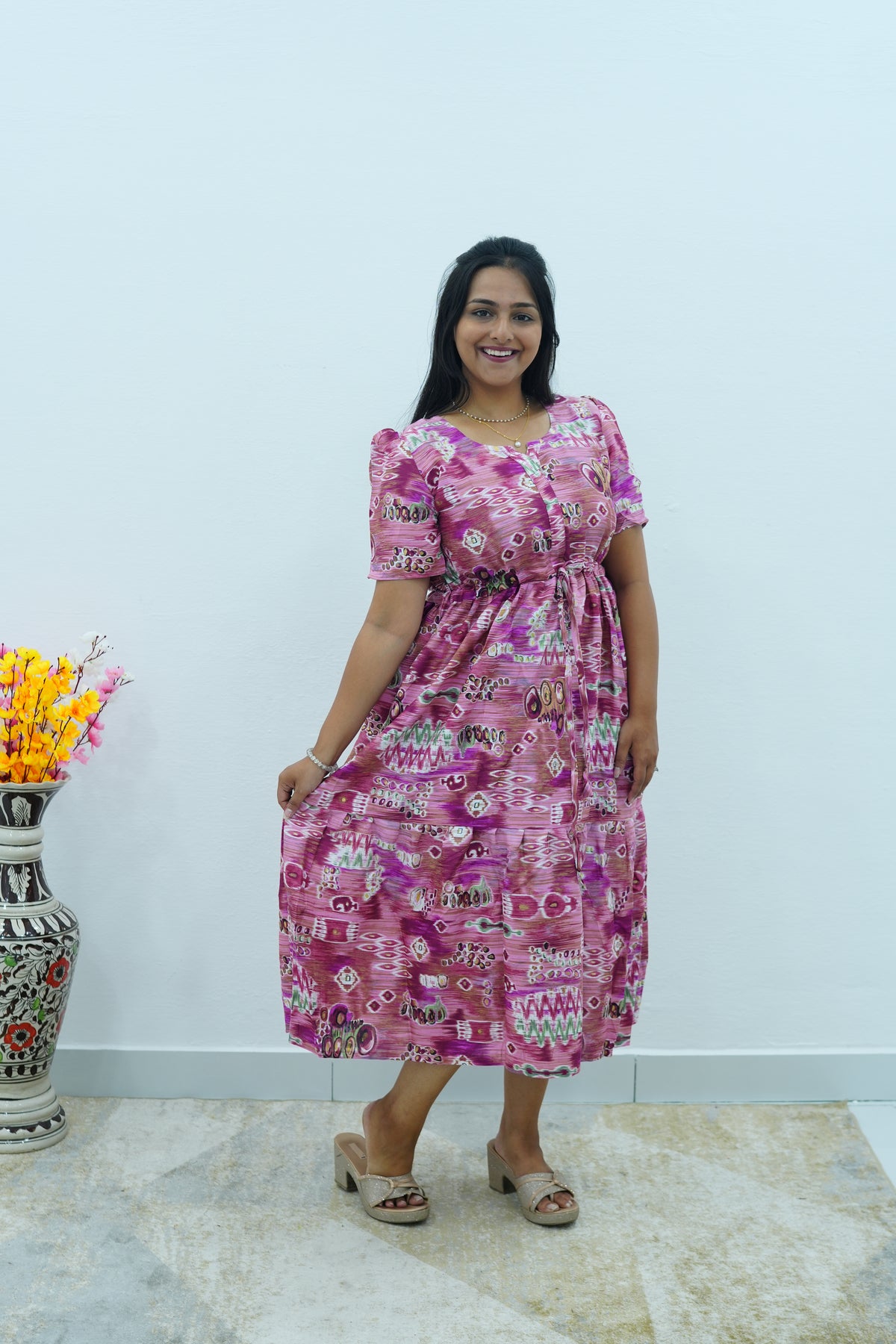 Magenta Geometric Printed Rayon Foil Maxi Dress – Adjustable Drawstring Waist Frock with Puff Sleeves & Side Pockets - Lightweight Breathable Rayon MAXI Frock