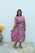 Magenta Geometric Printed Rayon Foil Maxi Dress – Adjustable Drawstring Waist Frock with Puff Sleeves & Side Pockets - Lightweight Breathable Rayon MAXI Frock