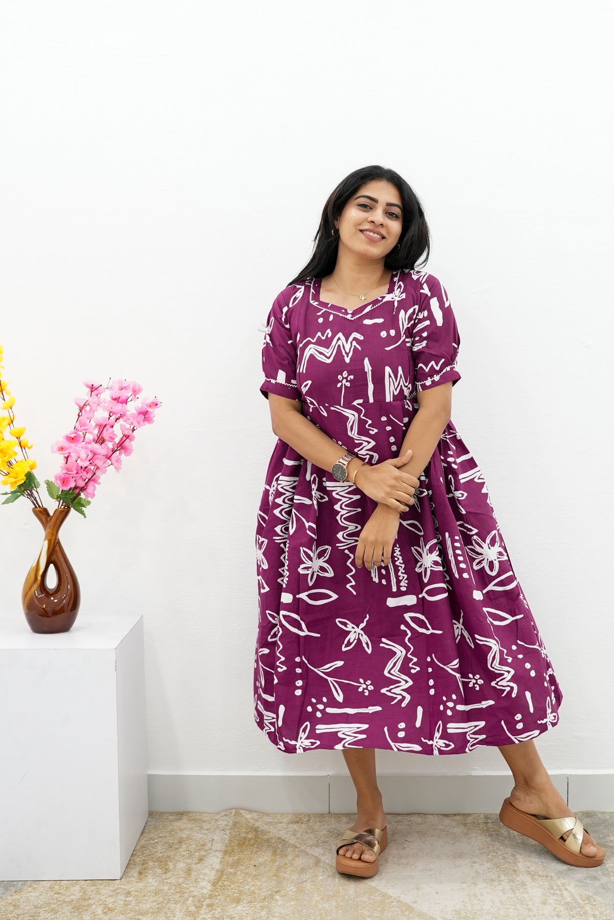 New Mangai Cotton Feeding MAXI Soft & Smooth Cotton | Invisible Vertical Feeding Zipper | Side Pockets | Back Adjustable Tie Rope |Casual & Maternity Wear (JFM)