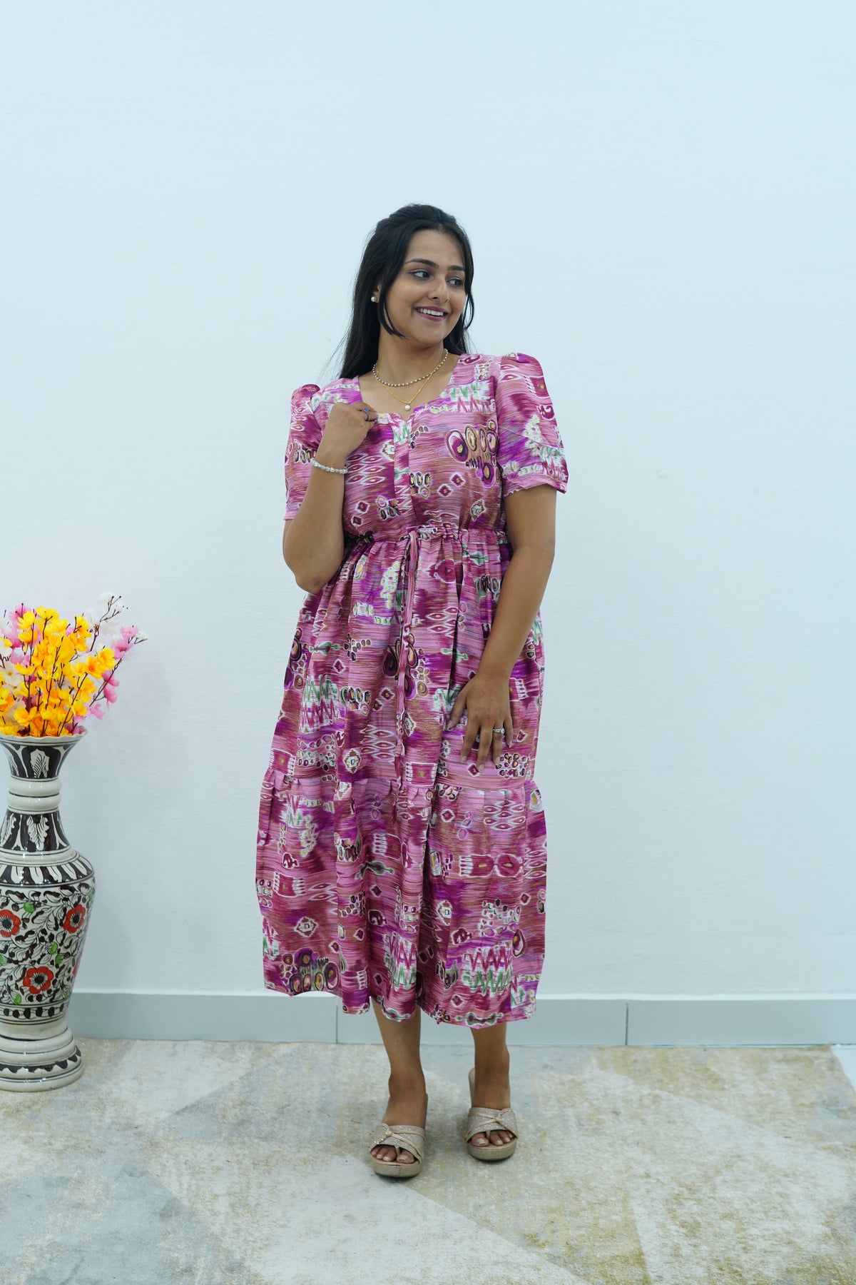 Magenta Geometric Printed Rayon Foil Maxi Dress – Adjustable Drawstring Waist Frock with Puff Sleeves & Side Pockets - Lightweight Breathable Rayon MAXI Frock