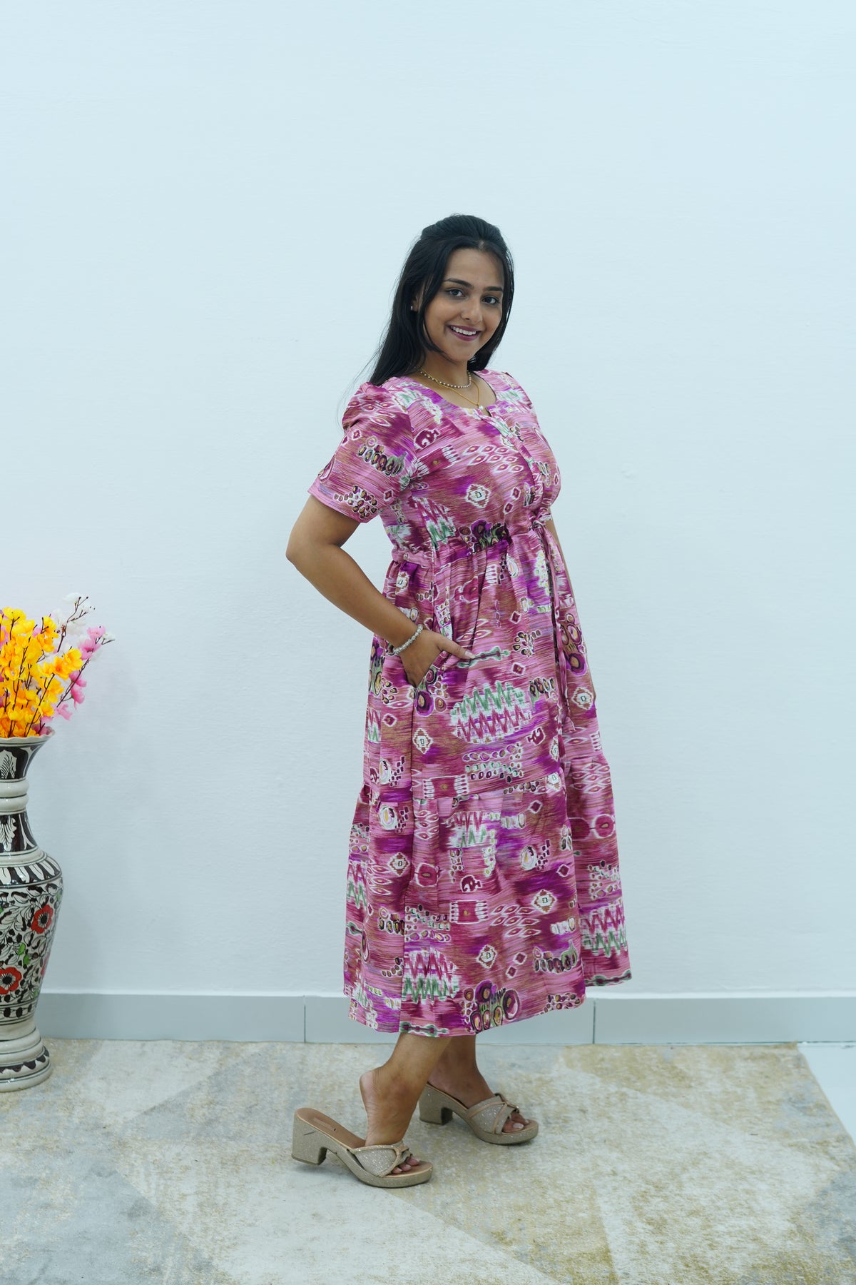 Magenta Geometric Printed Rayon Foil Maxi Dress – Adjustable Drawstring Waist Frock with Puff Sleeves & Side Pockets - Lightweight Breathable Rayon MAXI Frock