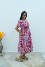 Magenta Geometric Printed Rayon Foil Maxi Dress – Adjustable Drawstring Waist Frock with Puff Sleeves & Side Pockets - Lightweight Breathable Rayon MAXI Frock