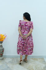 Magenta Geometric Printed Rayon Foil Maxi Dress – Adjustable Drawstring Waist Frock with Puff Sleeves & Side Pockets - Lightweight Breathable Rayon MAXI Frock