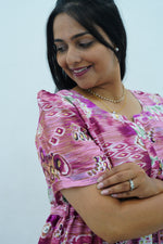 Magenta Geometric Printed Rayon Foil Maxi Dress – Adjustable Drawstring Waist Frock with Puff Sleeves & Side Pockets - Lightweight Breathable Rayon MAXI Frock