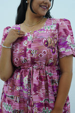 Magenta Geometric Printed Rayon Foil Maxi Dress – Adjustable Drawstring Waist Frock with Puff Sleeves & Side Pockets - Lightweight Breathable Rayon MAXI Frock