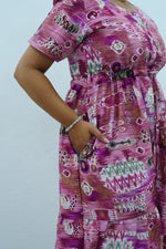 Magenta Geometric Printed Rayon Foil Maxi Dress – Adjustable Drawstring Waist Frock with Puff Sleeves & Side Pockets - Lightweight Breathable Rayon MAXI Frock