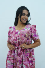 Magenta Geometric Printed Rayon Foil Maxi Dress – Adjustable Drawstring Waist Frock with Puff Sleeves & Side Pockets - Lightweight Breathable Rayon MAXI Frock