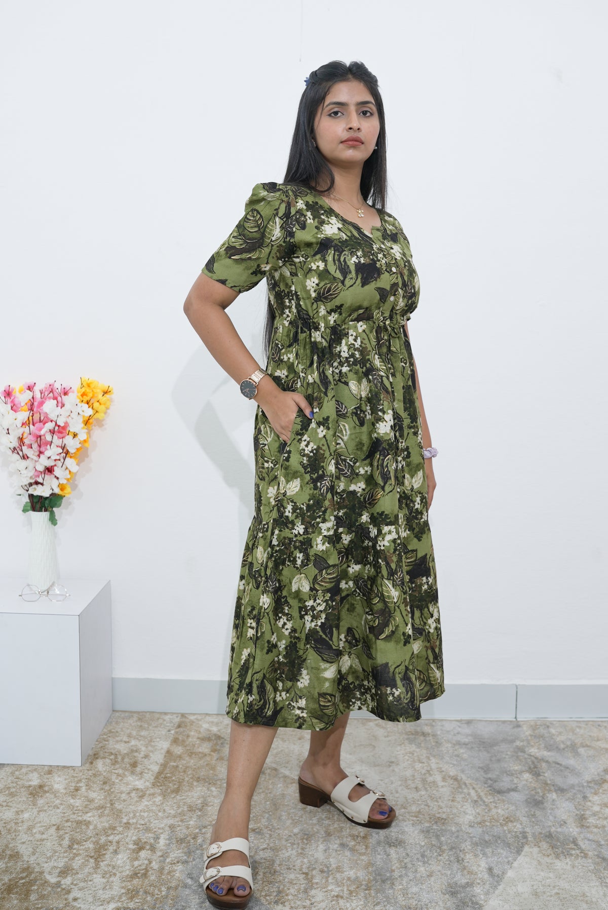 Rayon Colourful Foil Printing Gathering Frock Model Nighties | Side Pocket and Gathering Front Rope | Fancy Sleeve & Maxi Frock Nightwear for Stylish Women's (FGF)