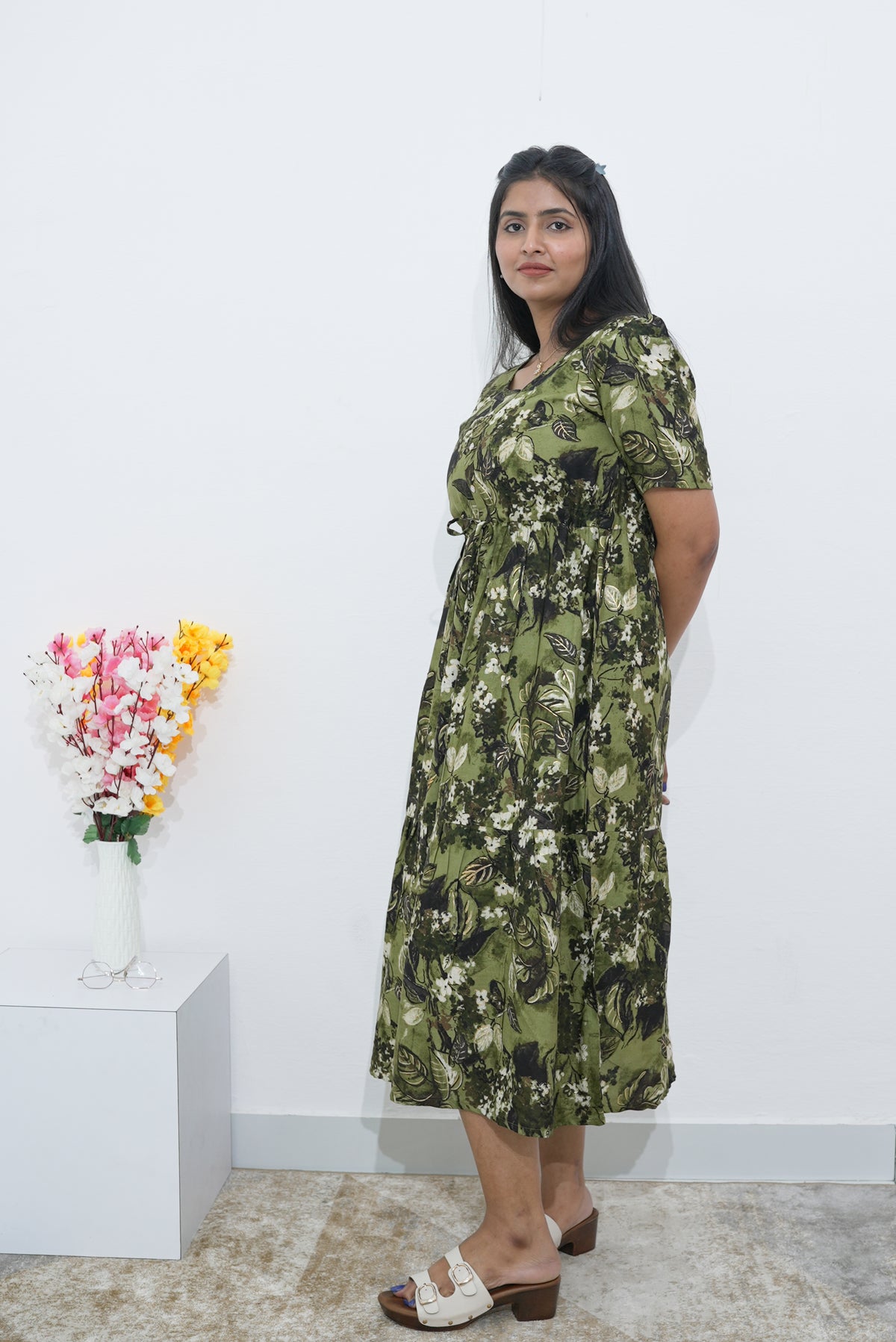 Rayon Colourful Foil Printing Gathering Frock Model Nighties | Side Pocket and Gathering Front Rope | Fancy Sleeve & Maxi Frock Nightwear for Stylish Women's (FGF)