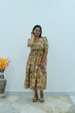 Vintage Earthy Floral Rayon Foil Print Maxi Dress – Puff Sleeve Tiered Frock with Adjustable Waist Tie & Side Pockets
