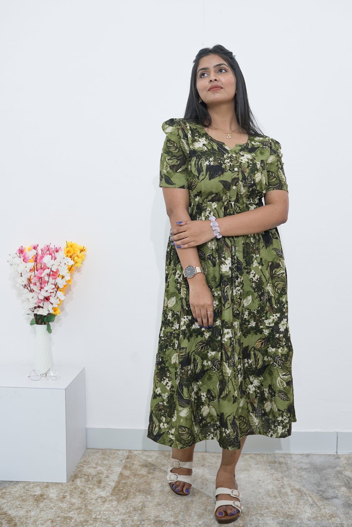 Rayon Colourful Foil Printing Gathering Frock Model Nighties | Side Pocket and Gathering Front Rope | Fancy Sleeve & Maxi Frock Nightwear for Stylish Women's (FGF)