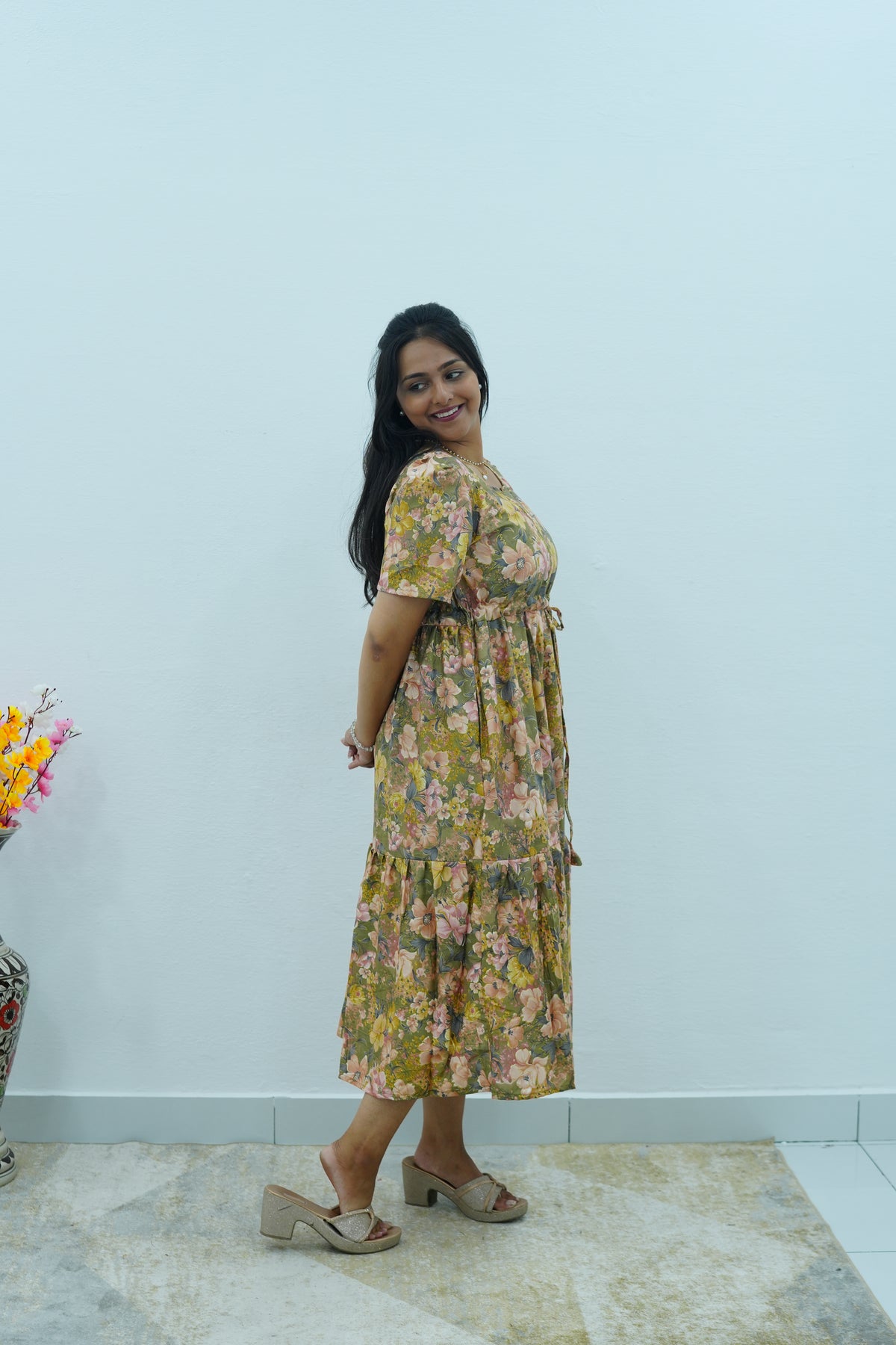 Vintage Earthy Floral Rayon Foil Print Maxi Dress – Puff Sleeve Tiered Frock with Adjustable Waist Tie & Side Pockets