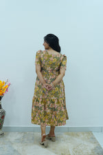 Vintage Earthy Floral Rayon Foil Print Maxi Dress – Puff Sleeve Tiered Frock with Adjustable Waist Tie & Side Pockets